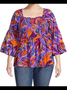 Purple Floral Smocked Square-Neck Blouse